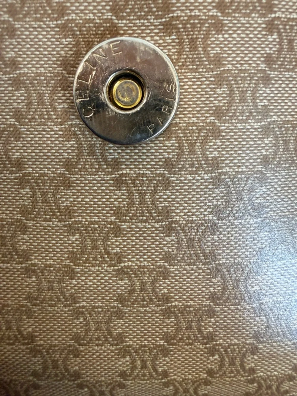 Celine Authentic Tan Macadam Crossbody Shoulder Bag w/Tan leather accent - Picture 12 of 15